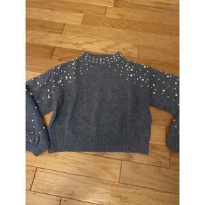 Zara Knit women's grey and pearl accents high neck long sleeve cropped sweater S